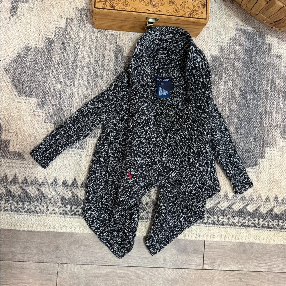 Ralph Lauren Toddler Girl Chunky Knit Black & White Marled Shawl-Collar Cardigan